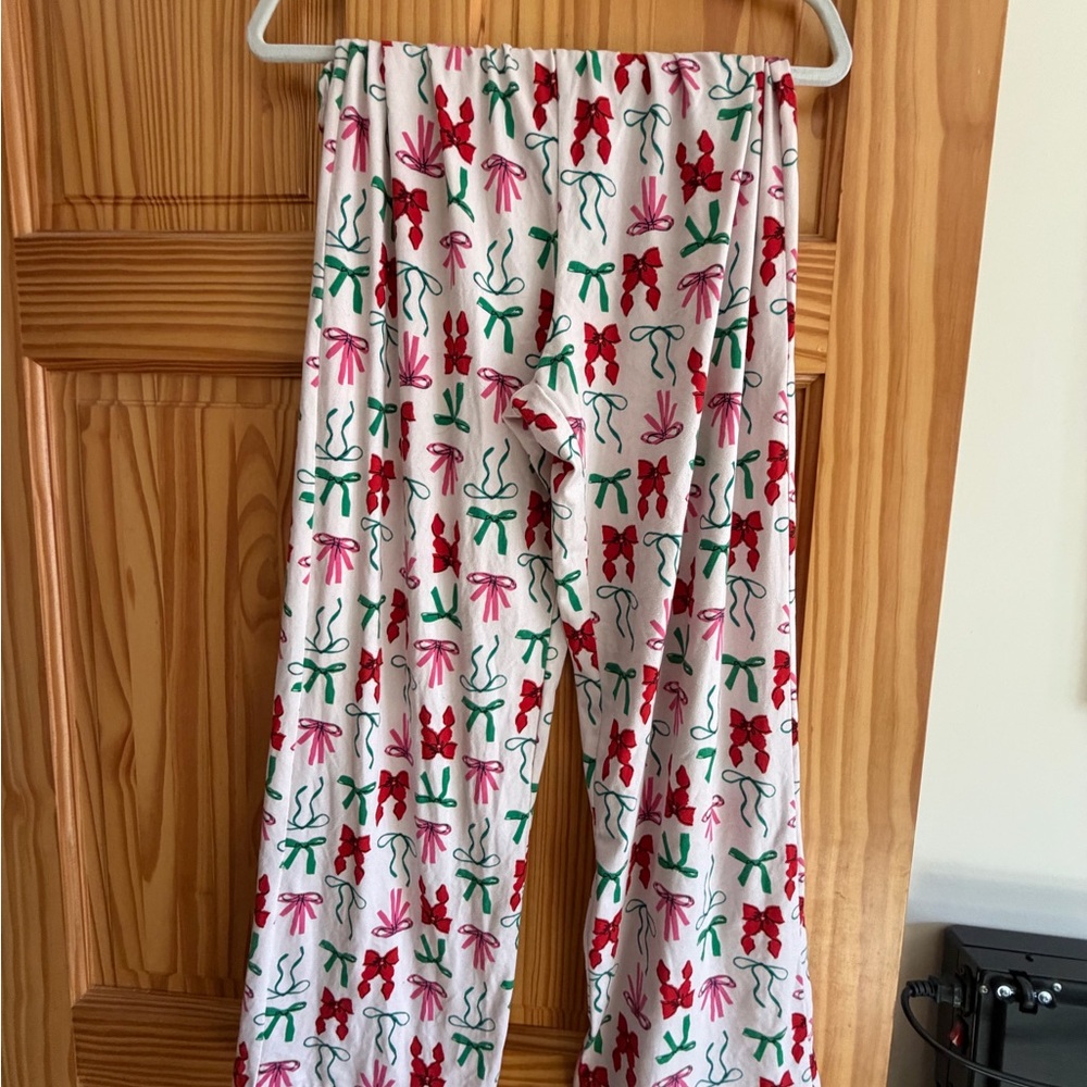 Cozy Bow Print Pajama Pants - White with Red, Green & Pink Bows